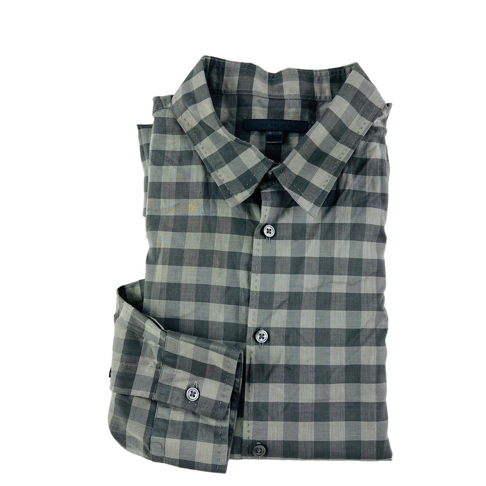 John Varvatos Collection Gray Plaid Long Sleeve‎ Cotton Button Up Size XL